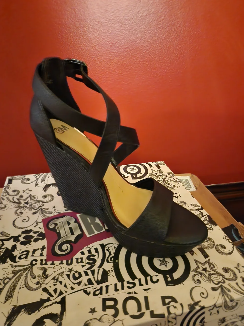 C&M Black Crisscross Platform Wedge Sandals